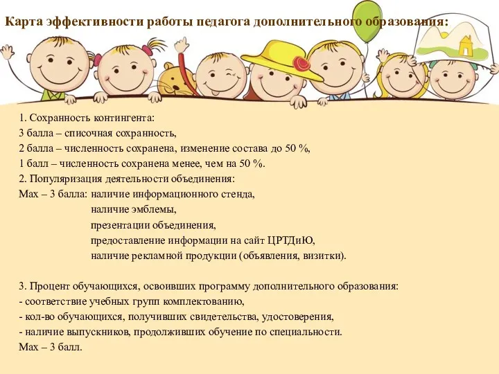 Карта эффективности работы педагога дополнительного образования: 1. Сохранность контингента: 3