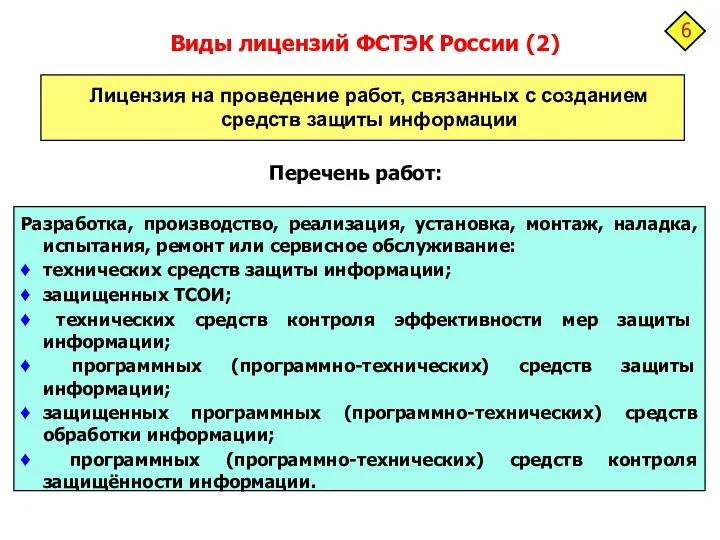 Виды лицензий ФСТЭК России (2) Разработка, производство, реализация, установка, монтаж,