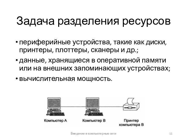 Задача разделения ресурсов периферийные устройства, такие как диски, принтеры, плоттеры,