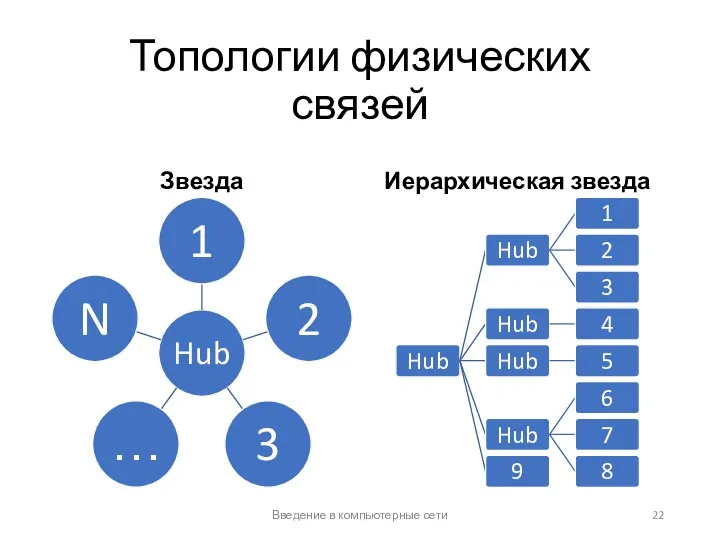 Топологии физических связей Звезда Иерархическая звезда Введение в компьютерные сети