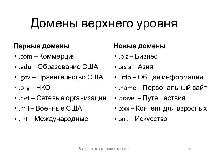 Домены верхнего уровня Введение в компьютерные сети Первые домены .com