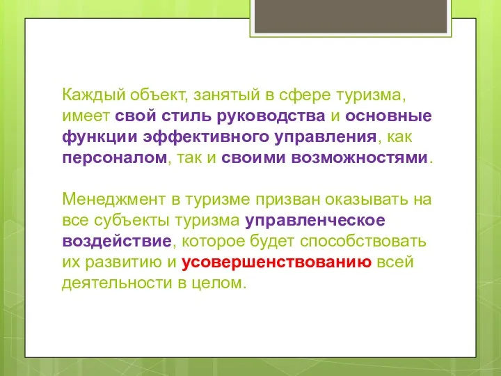 Каждый объект, занятый в сфере туризма, имеет свой стиль руководства