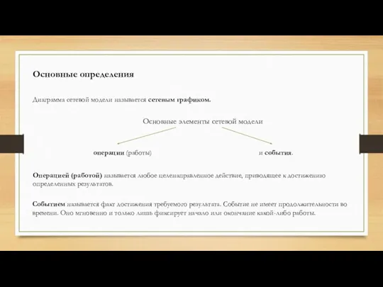 Основные определения Диаграмма сетевой модели называется сетевым графиком. Основные элементы