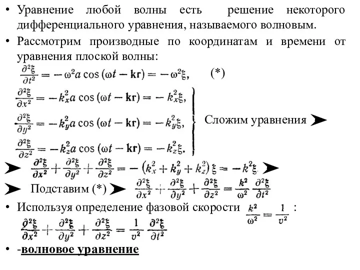 Уравнение любой волны есть решение некоторого дифференциального уравнения, называемого волновым.