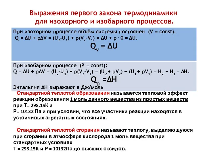 Выражения первого закона термодинамики для изохорного и изобарного процессов. Стандартной