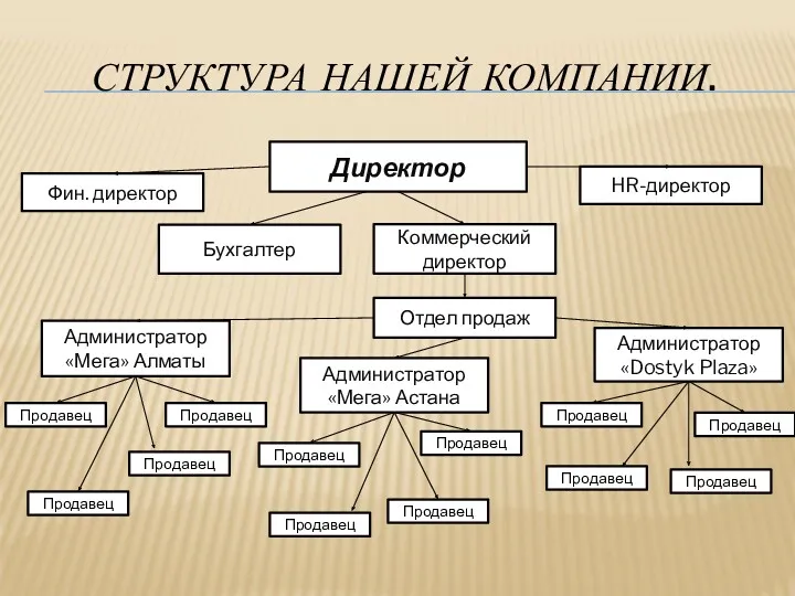 СТРУКТУРА НАШЕЙ КОМПАНИИ. Директор Фин. директор Бухгалтер Коммерческий директор HR-директор