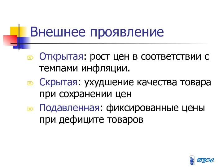 Внешнее проявление Открытая: рост цен в соответствии с темпами инфляции.