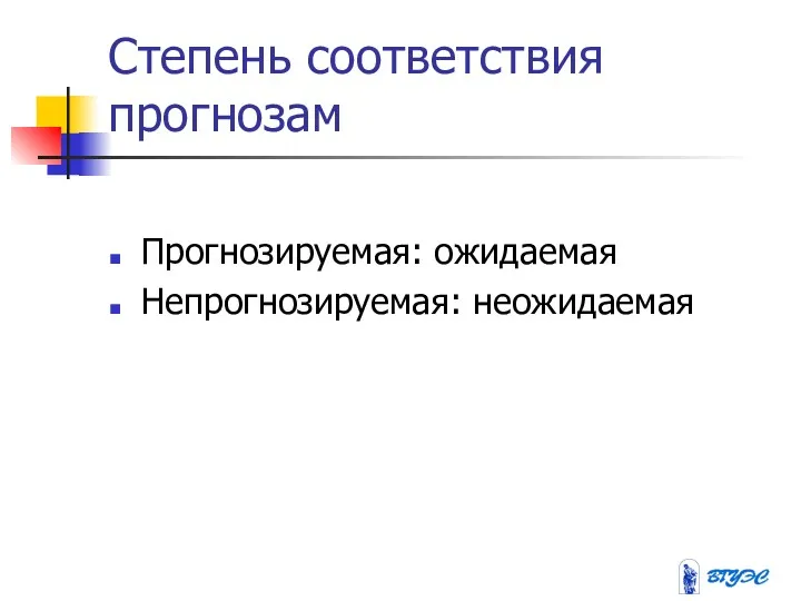 Степень соответствия прогнозам Прогнозируемая: ожидаемая Непрогнозируемая: неожидаемая