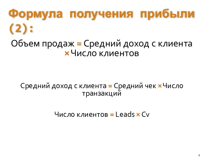 Объем продаж = Средний доход с клиента × Число клиентов