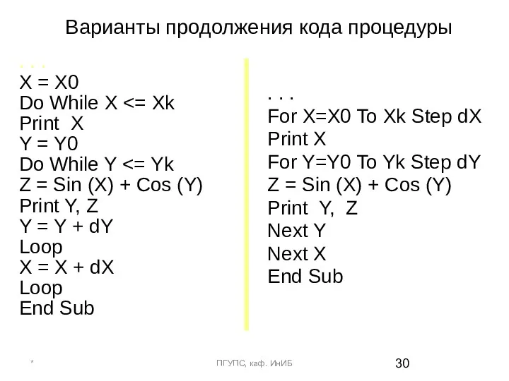 Варианты продолжения кода процедуры . . . X = X0