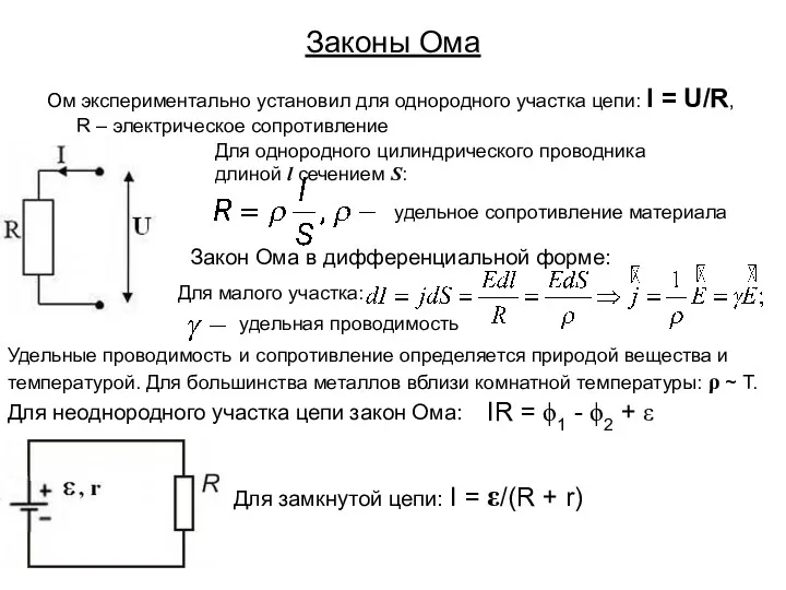 Законы Ома Ом экспериментально установил для однородного участка цепи: I