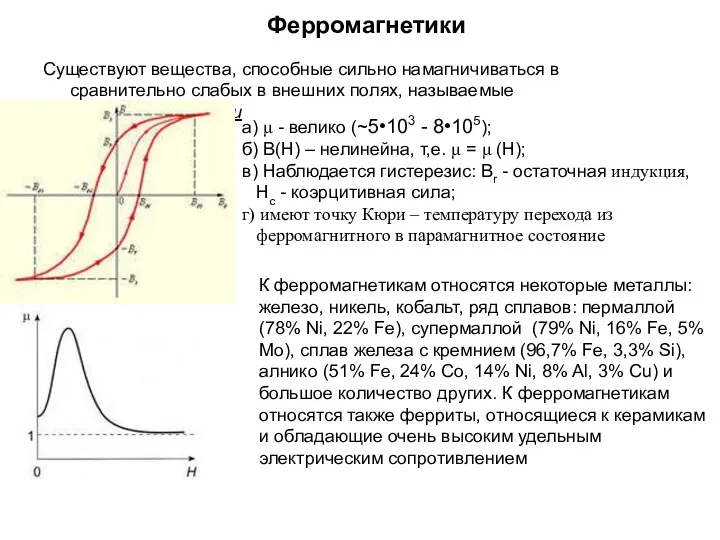 Ферромагнетики Существуют вещества, способные сильно намагничиваться в сравнительно слабых в