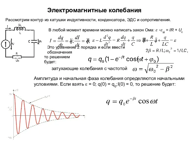 Электромагнитные колебания Рассмотрим контур из катушки индуктивности, конденсатора, ЭДС и