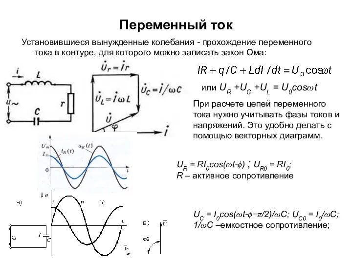 Переменный ток Установившиеся вынужденные колебания - прохождение переменного тока в