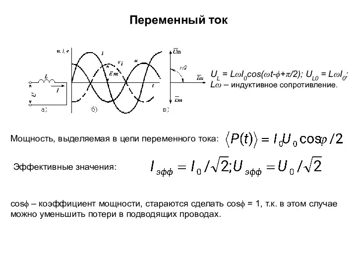 Переменный ток Мощность, выделяемая в цепи переменного тока: Эффективные значения: