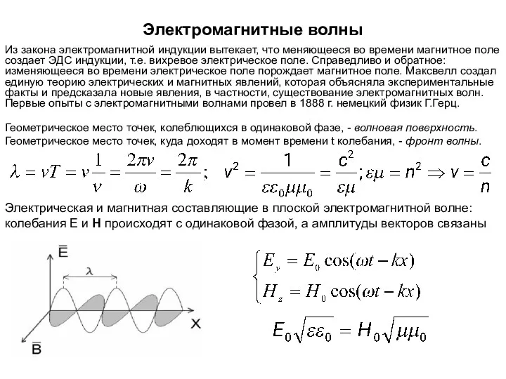 Электромагнитные волны Из закона электромагнитной индукции вытекает, что меняющееся во