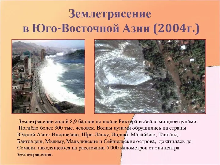 Землетрясение в Юго-Восточной Азии (2004г.) Землетрясение силой 8,9 баллов по