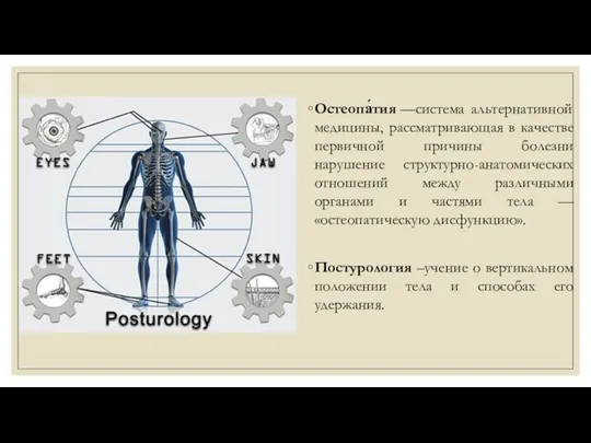 Остеопа́тия —система альтернативной медицины, рассматривающая в качестве первичной причины болезни нарушение структурно-анатомических отношений
