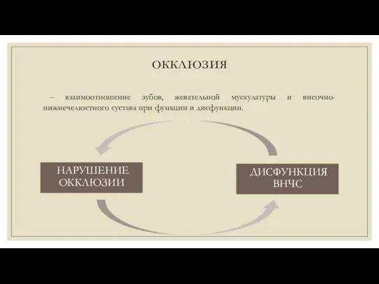 окклюзия – взаимоотношение зубов, жевательной мускулатуры и височно-нижнечелюстного сустава при функции и дисфункции.