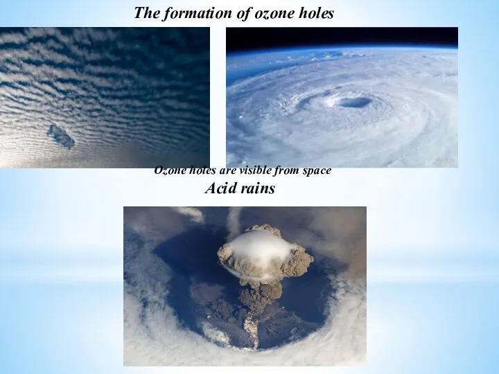The formation of ozone holes Ozone holes are visible from space Acid rains