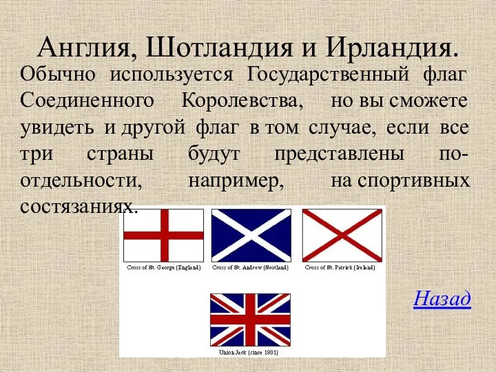 Англия, Шотландия и Ирландия. Обычно используется Государственный флаг Соединенного Королевства,