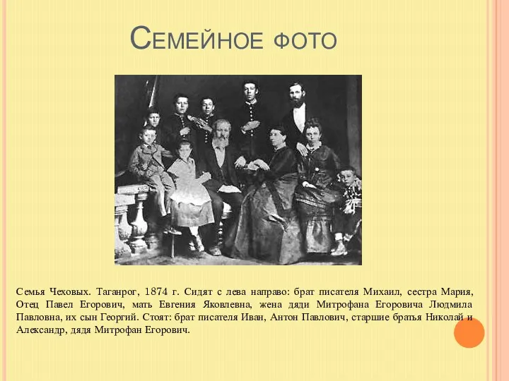 Семейное фото Семья Чеховых. Таганрог, 1874 г. Сидят с лева