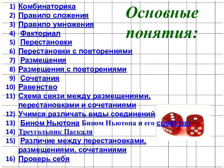 Основные понятия: Комбинаторика Правило сложения Правило умножения Факториал Перестановки Перестановки