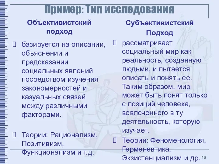 Пример: Тип исследования Объективистский подход базируется на описании, объяснении и