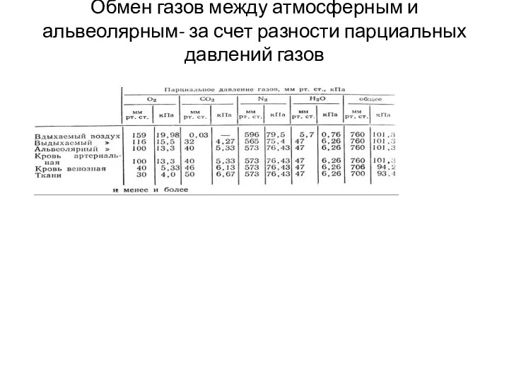 Обмен газов между атмосферным и альвеолярным- за счет разности парциальных давлений газов