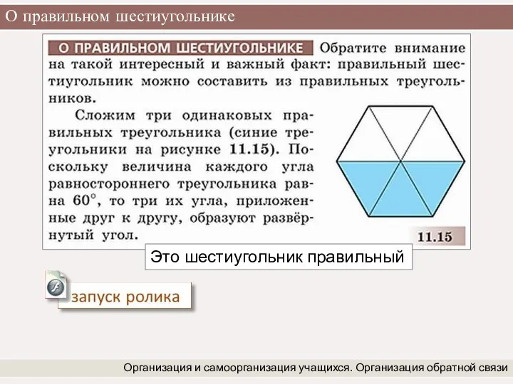 О правильном шестиугольнике Организация и самоорганизация учащихся. Организация обратной связи Это шестиугольник правильный