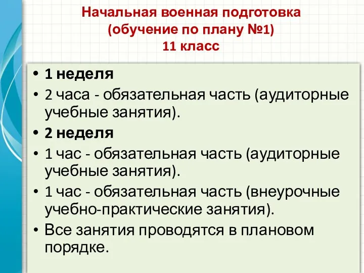 Начальная военная подготовка (обучение по плану №1) 11 класс 1