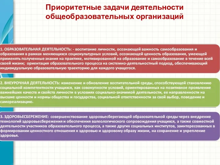 Приоритетные задачи деятельности общеобразовательных организаций