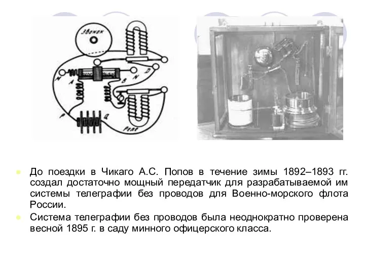 До поездки в Чикаго А.С. Попов в течение зимы 1892–1893