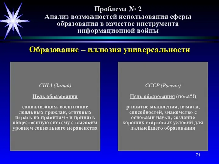 Проблема № 2 Анализ возможностей использования сферы образования в качестве