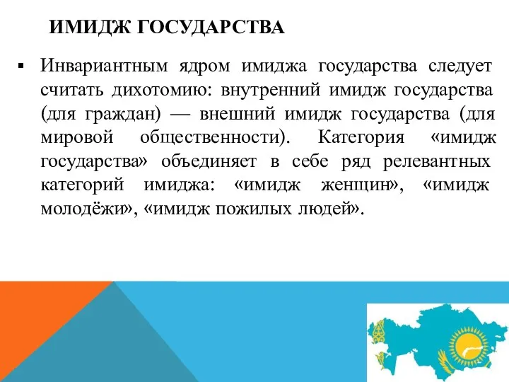 ИМИДЖ ГОСУДАРСТВА Инвариантным ядром имиджа государства следует считать дихотомию: внутренний