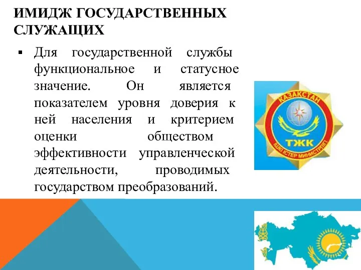 ИМИДЖ ГОСУДАРСТВЕННЫХ СЛУЖАЩИХ Для государственной службы функциональное и статусное значение.