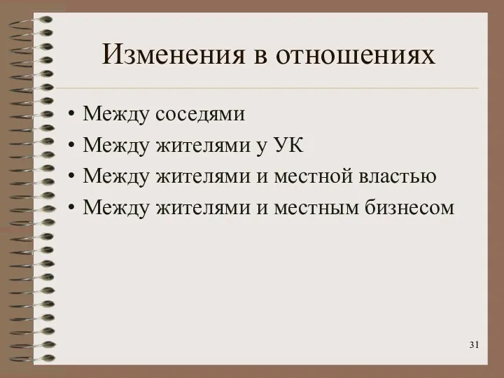 Изменения в отношениях Между соседями Между жителями у УК Между