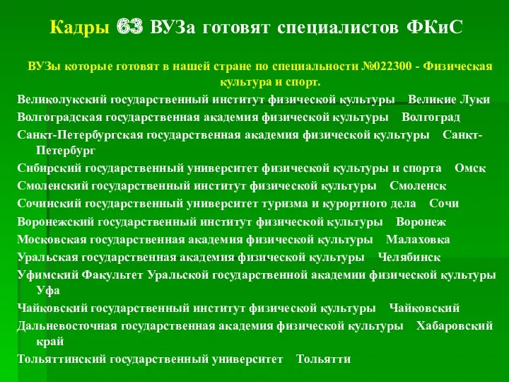 Кадры 63 ВУЗа готовят специалистов ФКиС ВУЗы которые готовят в