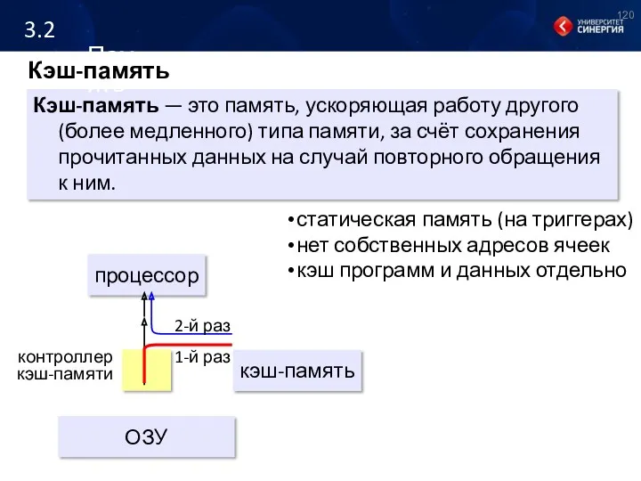 Кэш-память Кэш-память — это память, ускоряющая работу другого (более медленного)