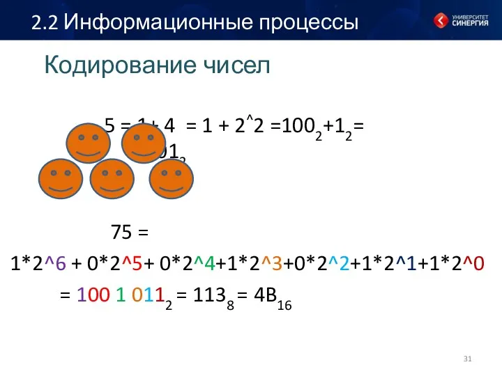 Кодирование чисел 5 = 1+ 4 = 1 + 2^2