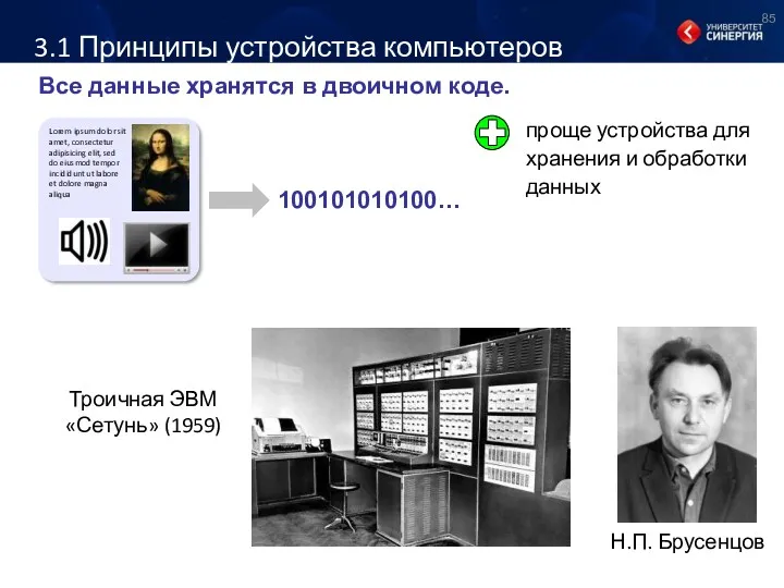 3.1 Принципы устройства компьютеров Все данные хранятся в двоичном коде.