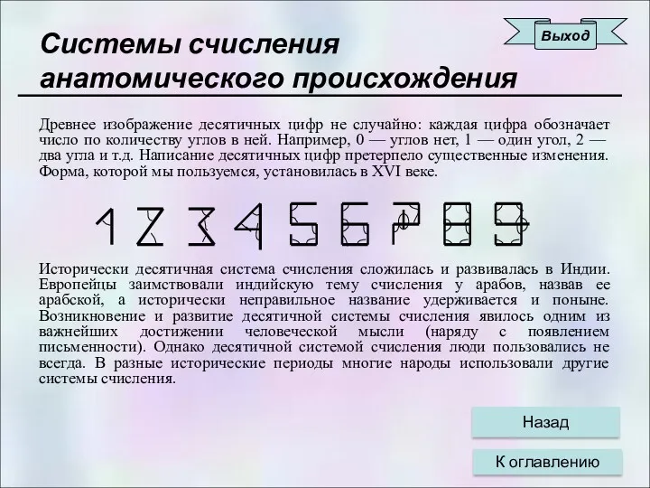 Древнее изображение десятичных цифр не случайно: каждая цифра обозначает число