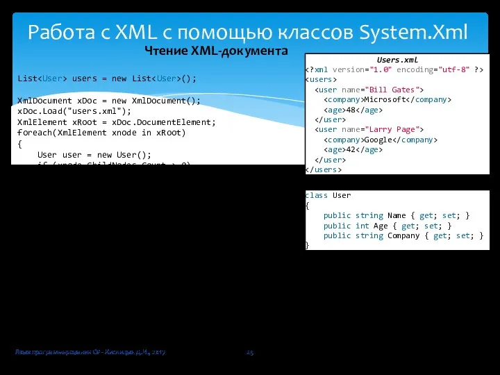 Язык программирования C# - Кислицын Д.И., 2017 Работа с XML