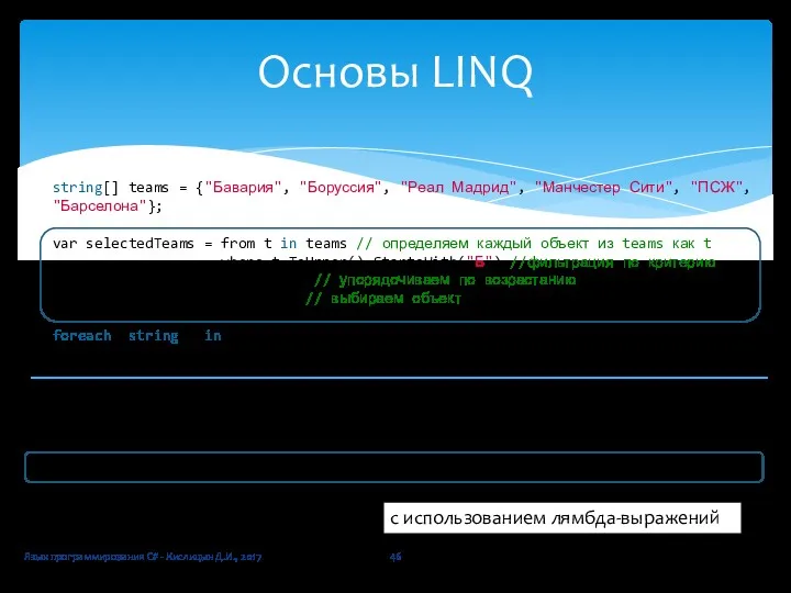 Язык программирования C# - Кислицын Д.И., 2017 Основы LINQ string[]