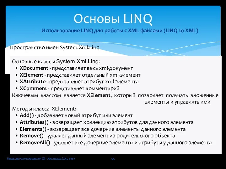 Язык программирования C# - Кислицын Д.И., 2017 Основы LINQ Использование