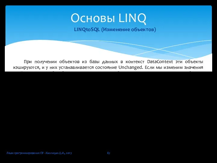 Язык программирования C# - Кислицын Д.И., 2017 Основы LINQ LINQtoSQL