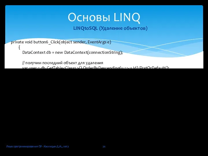 Язык программирования C# - Кислицын Д.И., 2017 Основы LINQ LINQtoSQL