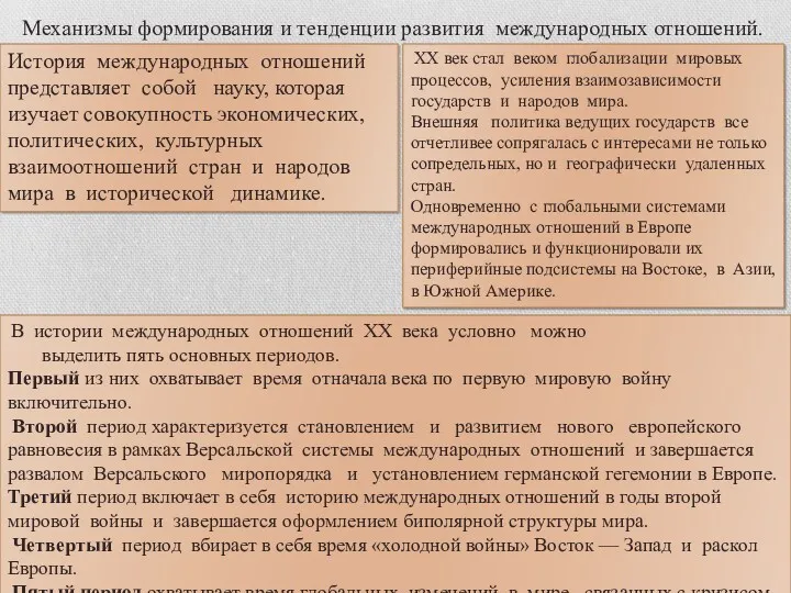 Механизмы формирования и тенденции развития международных отношений. История международных отношений