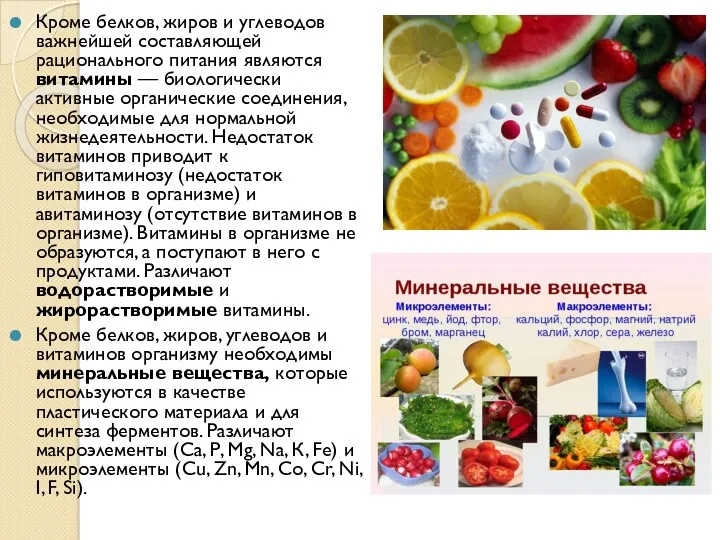 Кроме белков, жиров и углеводов важнейшей составляющей рационального питания являются