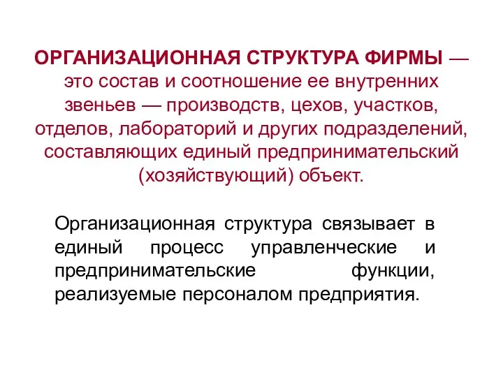 ОРГАНИЗАЦИОННАЯ СТРУКТУРА ФИРМЫ — это состав и соотношение ее внутренних звеньев — производств,